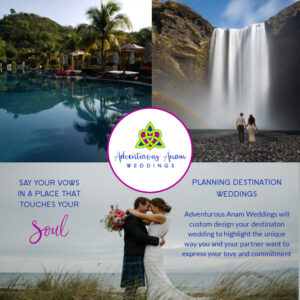 destination wedding planner logo with pictures of couple by waterfall and pool in costa rica